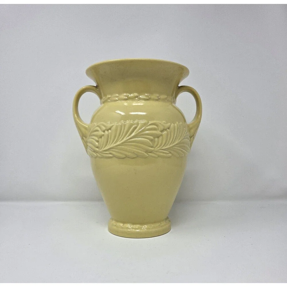 Abingdon Pottery #486 Yellow Acanthus Leaf Double Handle‎ Urn Vase 10